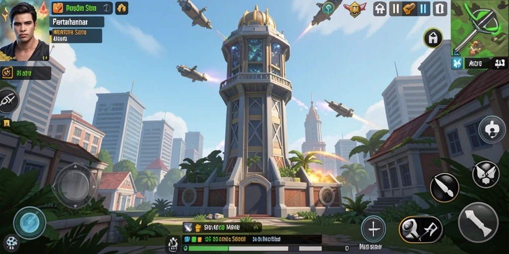 Tangkapan layar gameplay menampilkan menara pertahanan dan serangan musuh.