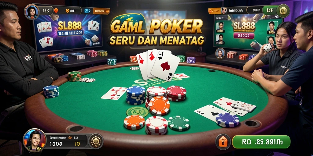 Screenshot gameplay SL888 menunjukkan aksi Poker yang mendebarkan dan interaksi pemain.